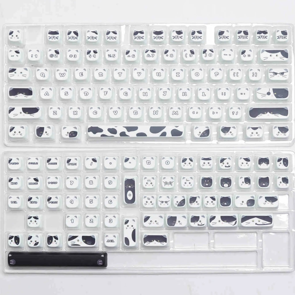 Black and white kitten sublimation key cap set for mechanical keyboards, PBT MAO profile, boxed packaging