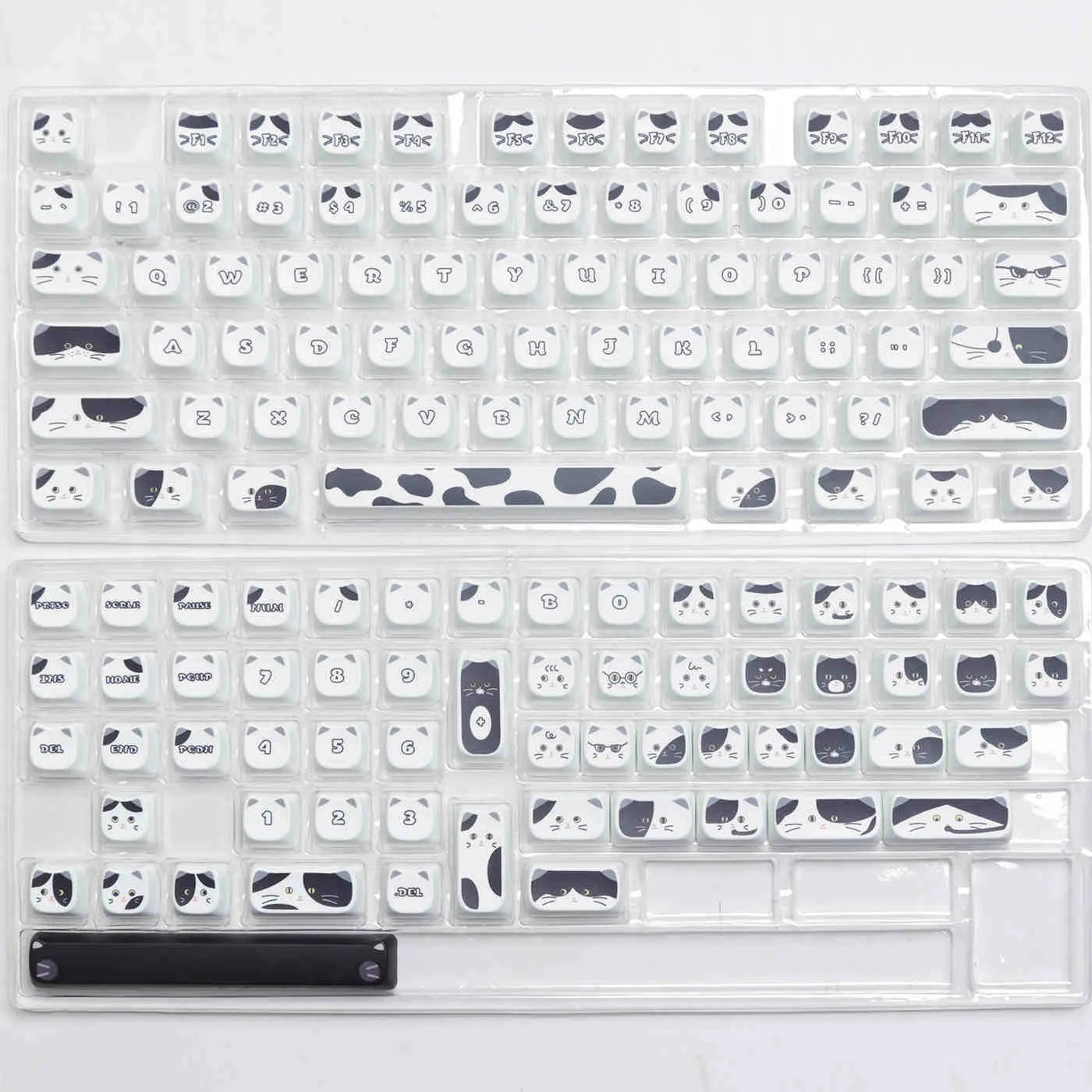 Black and white kitten sublimation key cap set for mechanical keyboards, PBT MAO profile, boxed packaging