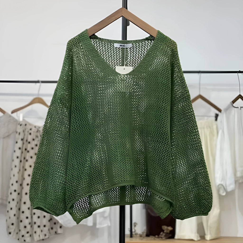 Loose polyester mesh top with 3/4 princess sleeves in green, purple, brown, or apricot white
