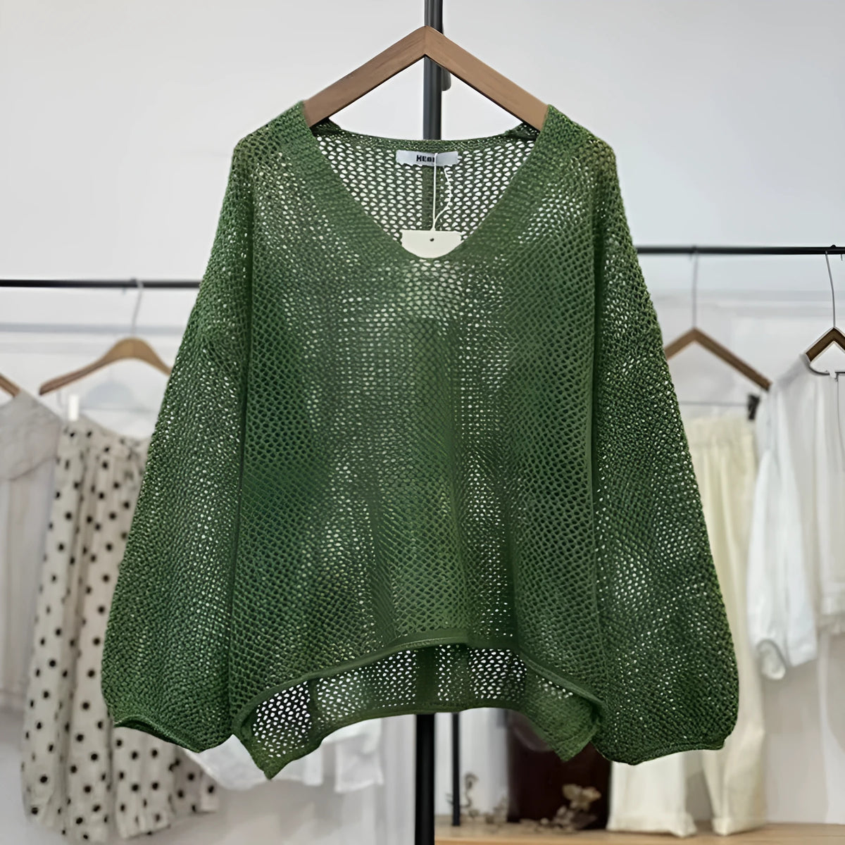 Loose polyester mesh top with 3/4 princess sleeves in green, purple, brown, or apricot white