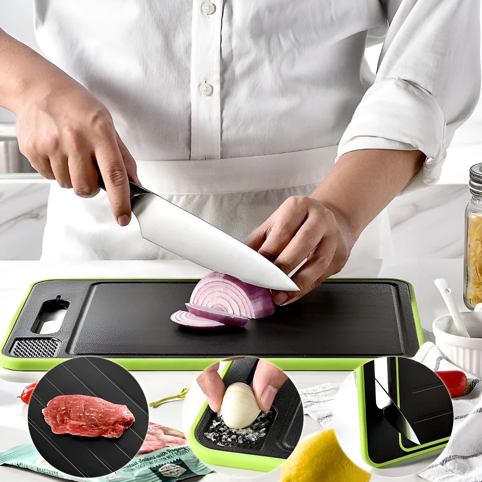 Grey square aluminium cutting board with double sides showing grinding teeth and built-in knife sharpener