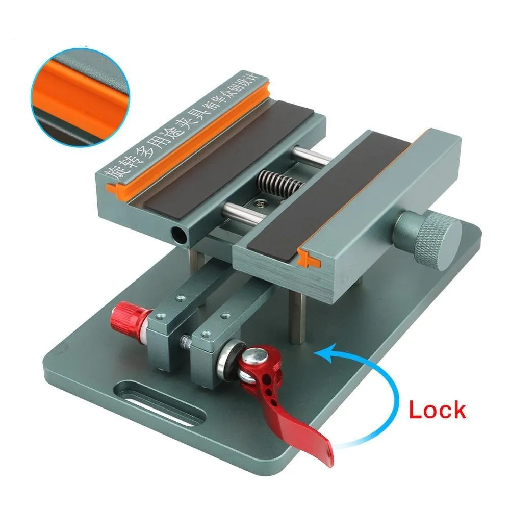Mobile phone repair fixture with silicone grip and adjustable mechanism next to a demolition crowbar.