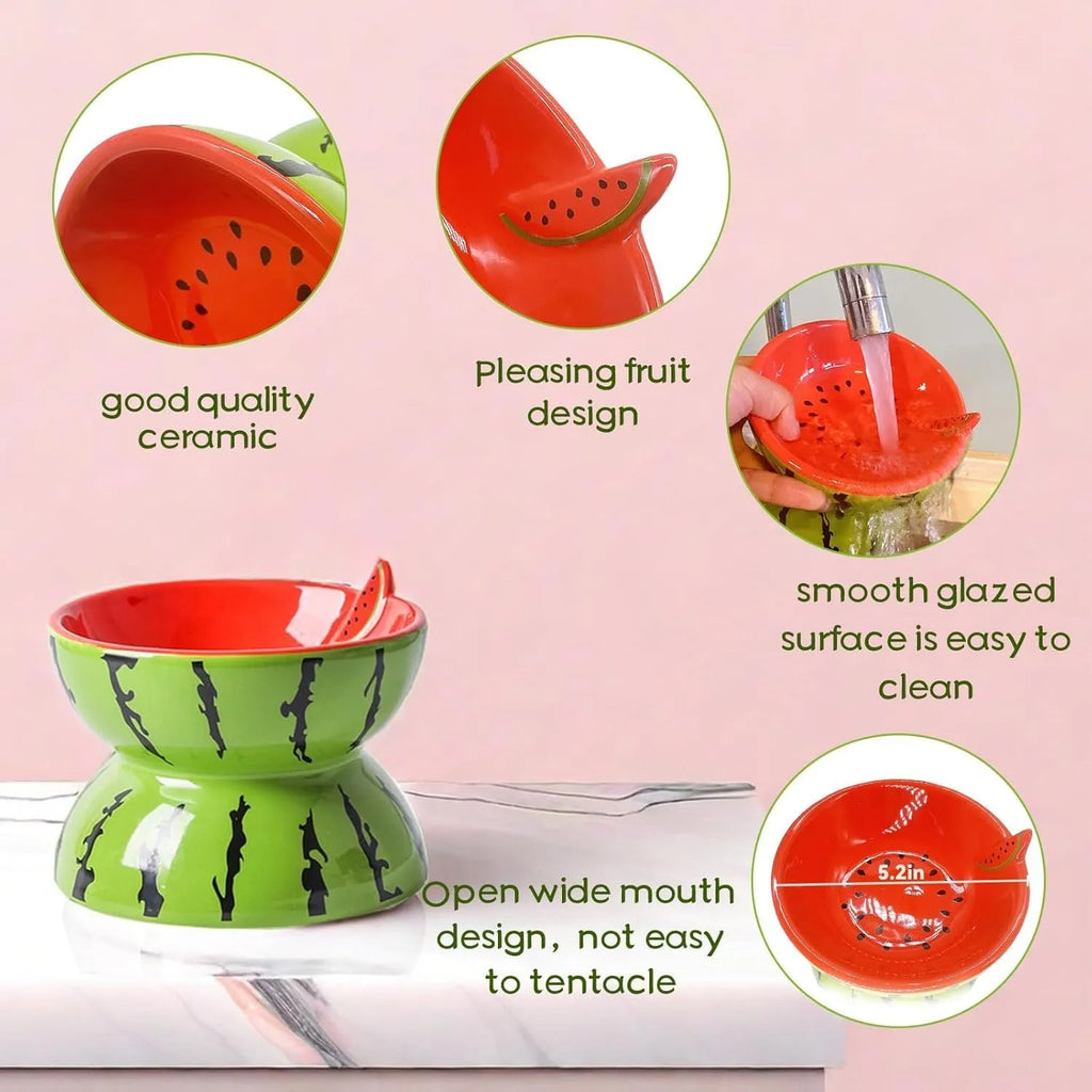 Ceramic elevated cat bowl with tilted wide dish in orange pattern for reduced vomiting feeding