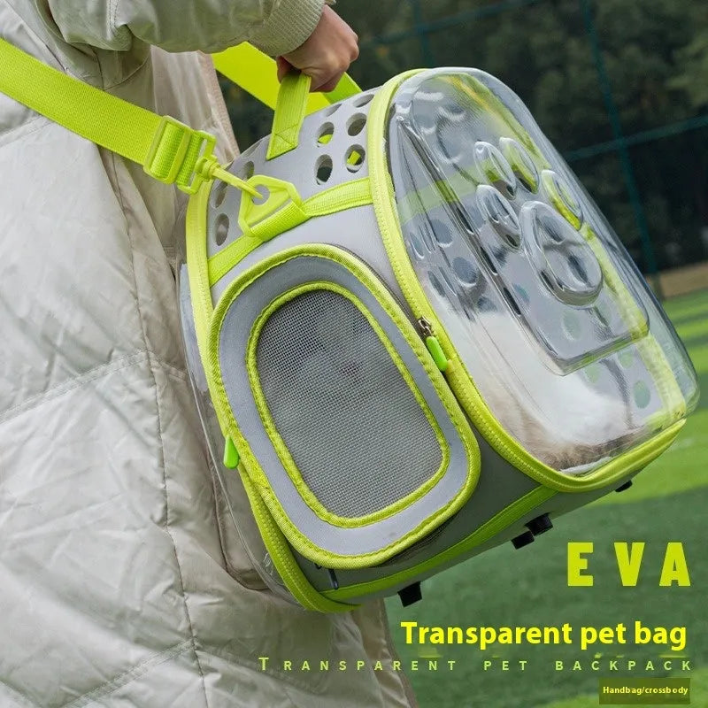 Transparent hard-shell EVA cat backpack carrier in grass green colour.