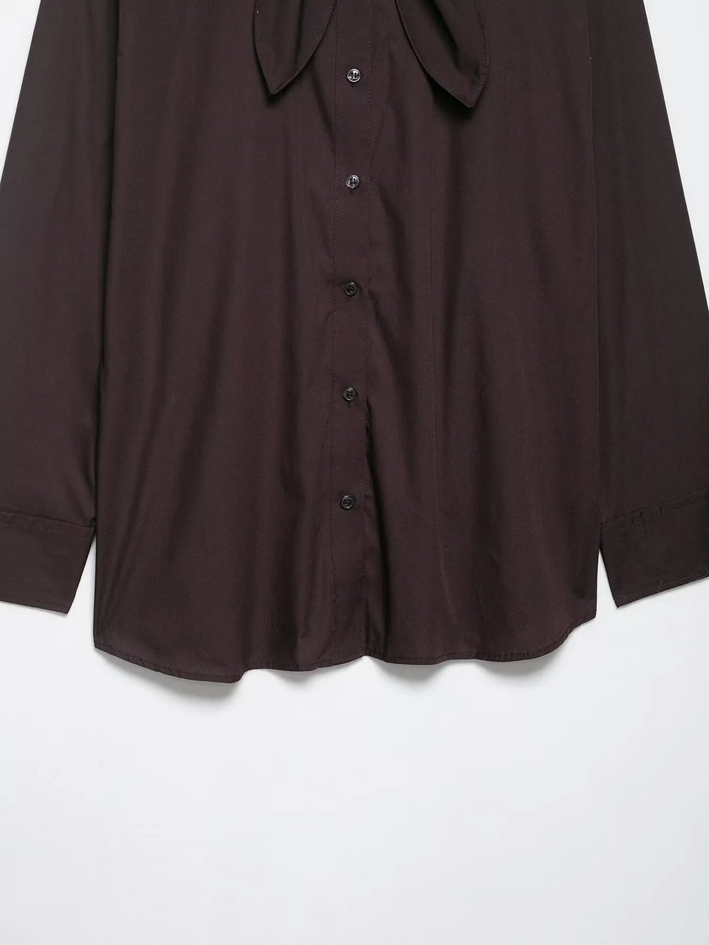 Brown women's long sleeve poplin shirt with a bow tie scarf, loose fit