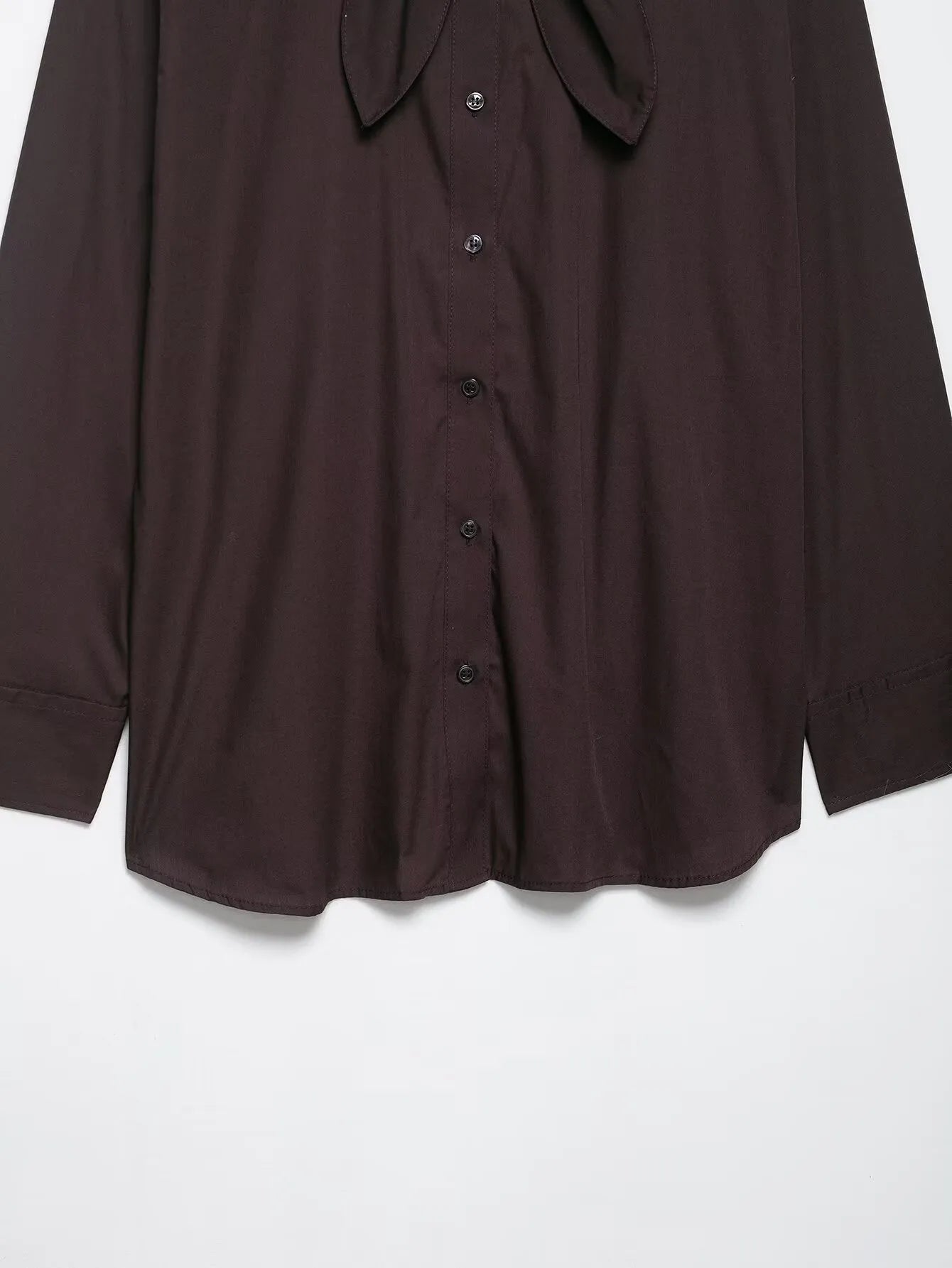 Brown women's long sleeve poplin shirt with a bow tie scarf, loose fit