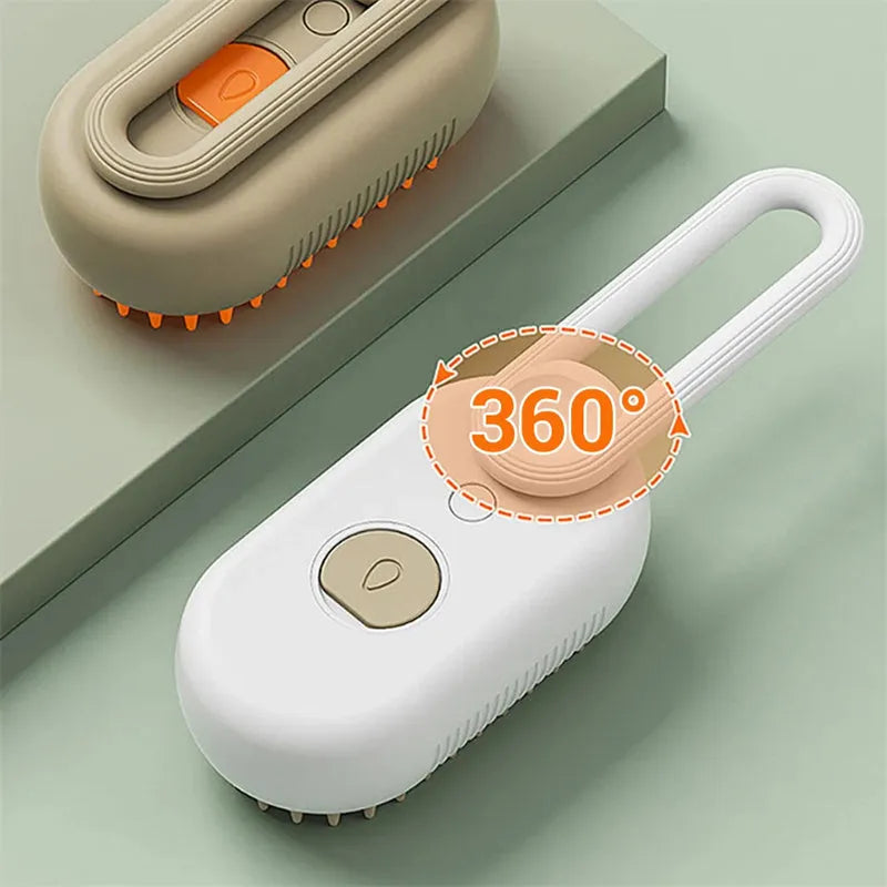 Porcelain White 3-in-1 Electric Steam Pet Brush with silicone bristles and USB charging port