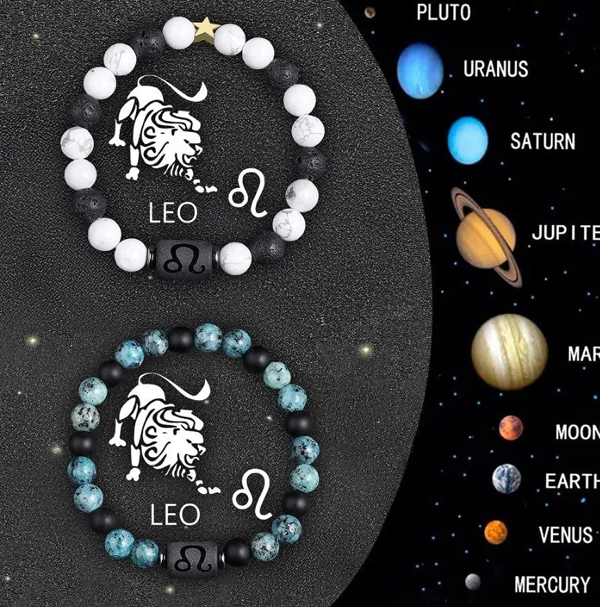 Two natural stone beaded bracelets with elastic strings, each representing a different zodiac sign.