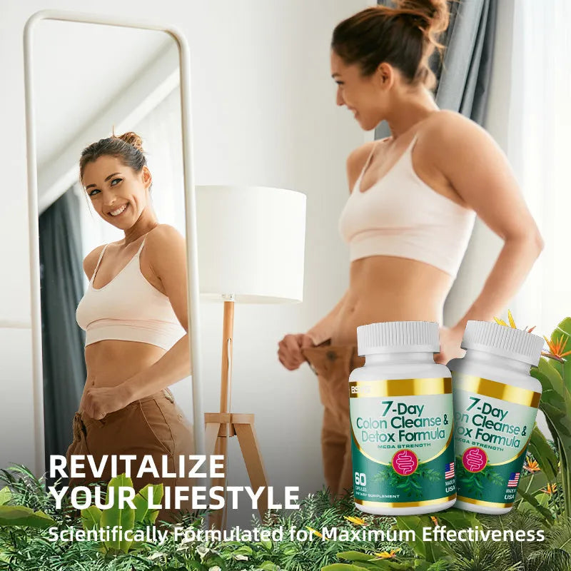 Bottle of 7-Day Colon Cleanse & Detox Formula capsules, dietary supplement for a 7-day cleansing routine