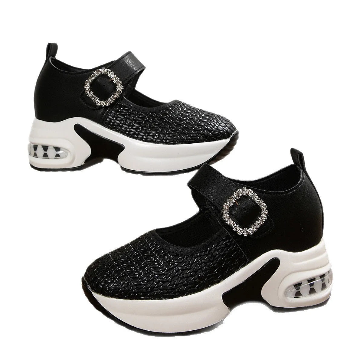 Women's low-top woven wedge shoes in black with leather lining and rubber sole, mid heel 3-5cm