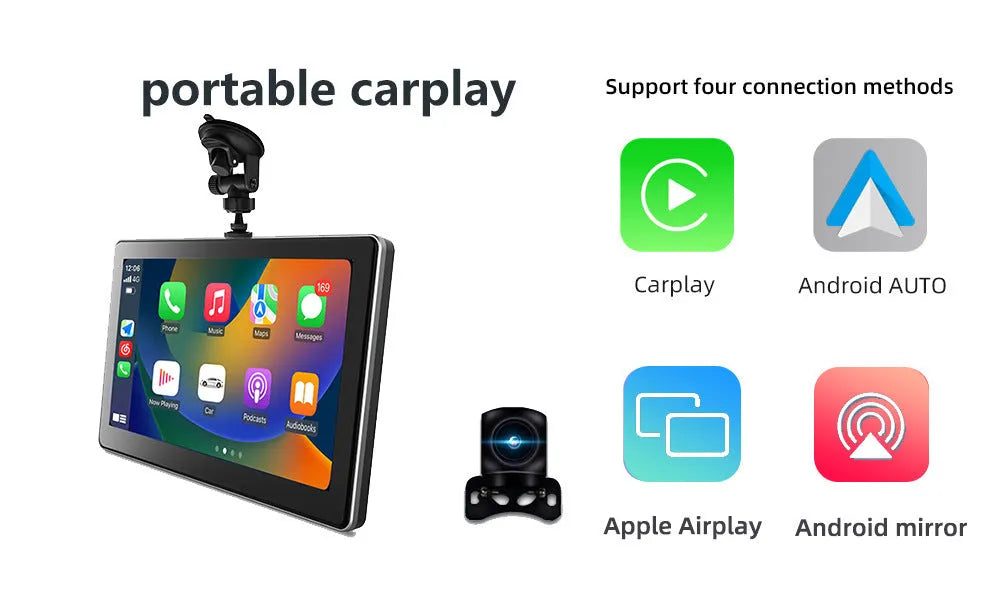 Black 7-inch wireless CarPlay projection camera and dash cam with wide-angle lens on car dashboard