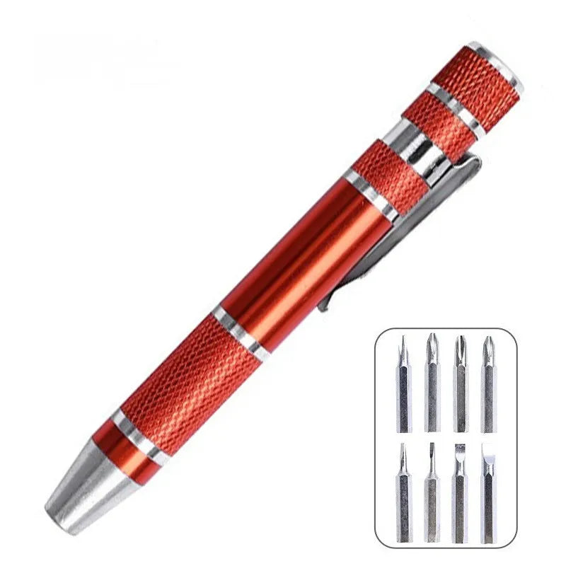 8-in-1 aluminium pen-type screwdriver set showing multiple coloured handles and bits.