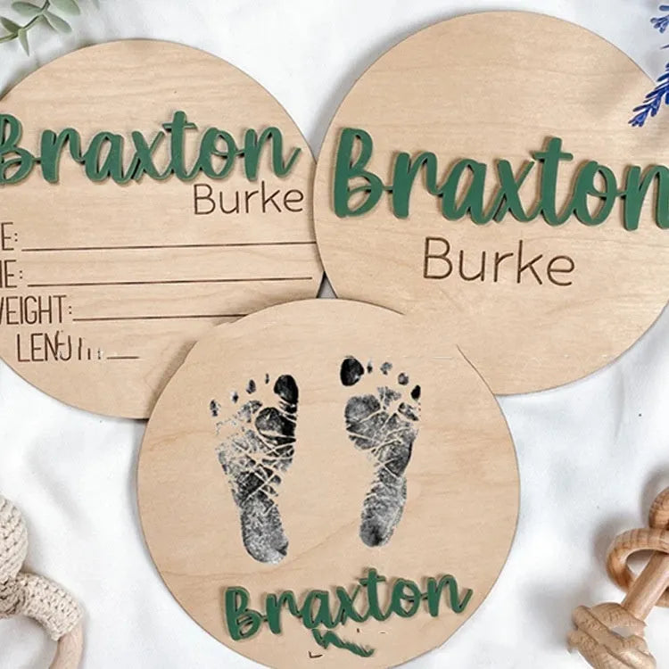 Brown limewood baby birth bulletin board in modern art style, available in sizes from 102mm to 203mm