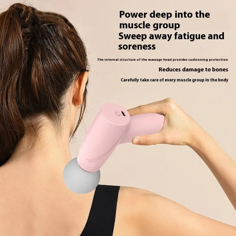 USB portable mini massage gun in white with brushed motor, three speed settings, and digital display