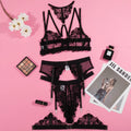 Black women's embroidery mesh bra bikini set with three-point stitching on a polyester fabric.