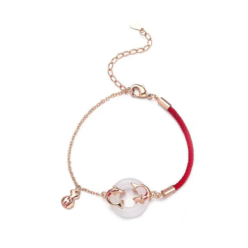 Japanese style festive koi bracelet with red rope, peace buckle, and electroplated finish for women
