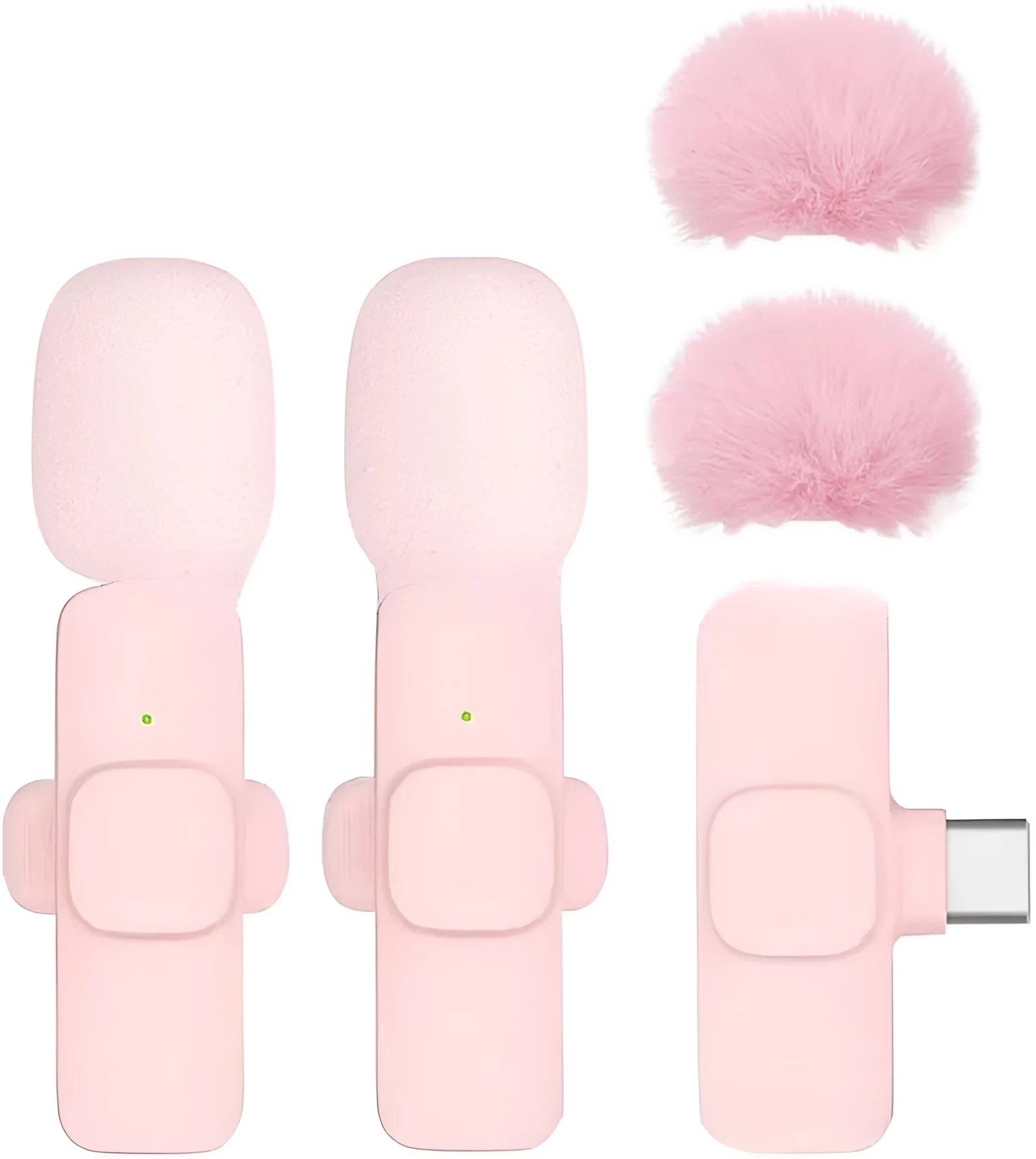 Pink K1K9 one-drag wireless microphone with receiver, charging cable, and hairball windshield on a table