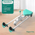 Steel-framed leg stretcher hip opener in blue or pink, shown with and without a backrest.