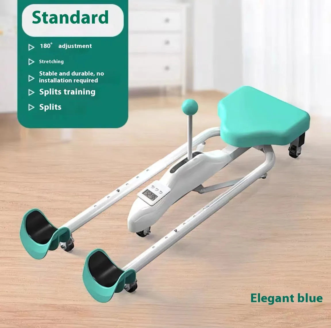 Steel-framed leg stretcher hip opener in blue or pink, shown with and without a backrest.