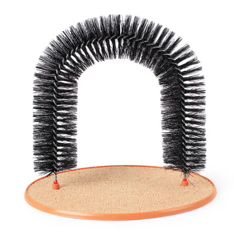 A white arched cat grooming toy with integrated brush bristles for scratching and self-grooming.