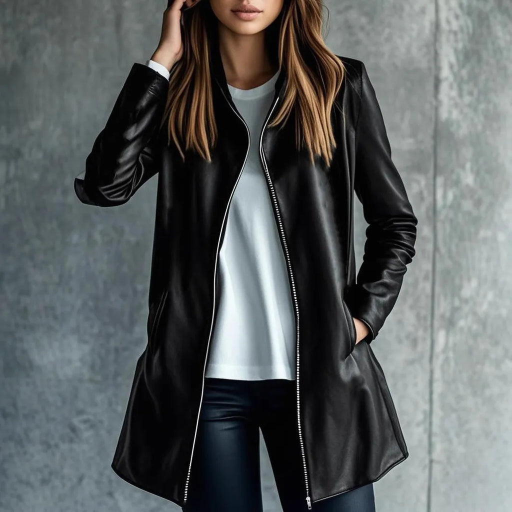 Women's black leather jacket with medium length and long sleeves for casual wear