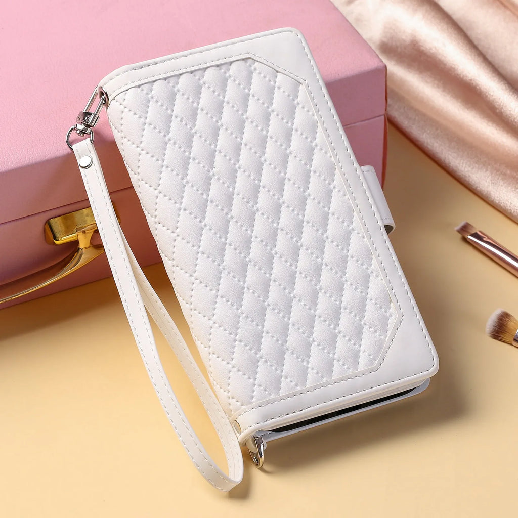 Crossbody plaid multi-functional zipper bag phone case for Samsung Galaxy, flip-over style in black, pink, white, and wine red