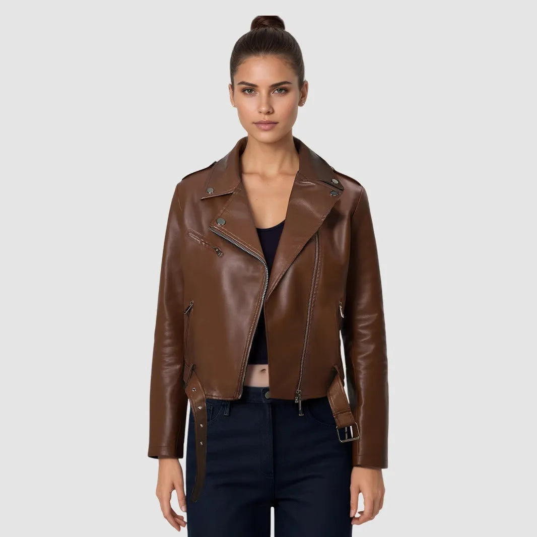Women's black PU leather jacket with lapel collar and an adjustable waist belt, shown front-on.