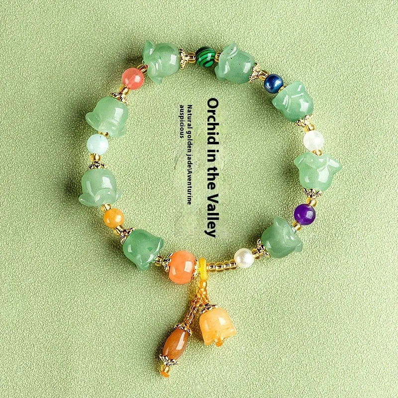 Carved jade bracelet with orchid beads for women's 14-18cm wrists in aventurine orchid colour