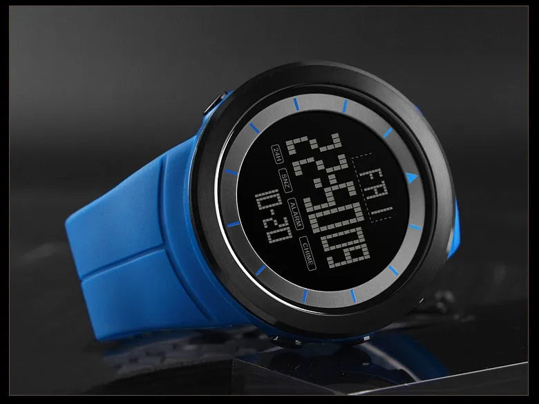 Outdoor sports watch with luminous digital display, PU strap, and 50m water resistance in black colour on wrist