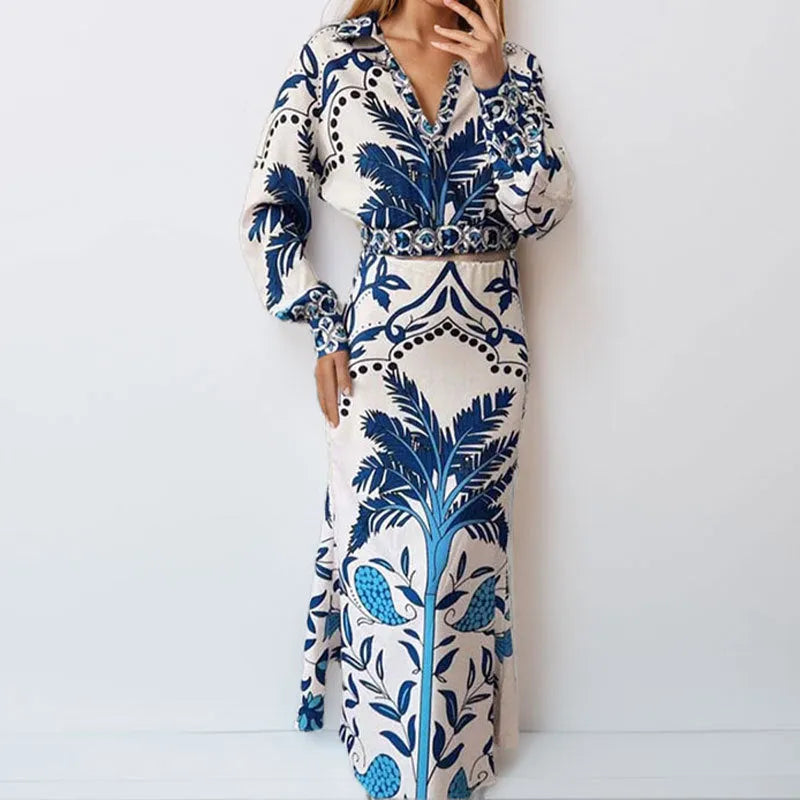 Women's casual polyester co-ord set featuring a long sleeve top and long skirt in picture colour.