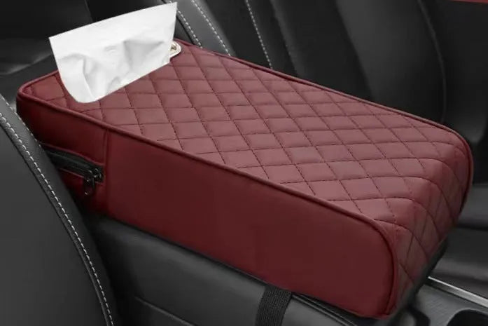 Universal car armrest box cushion in leather with built-in tissue buggy bag