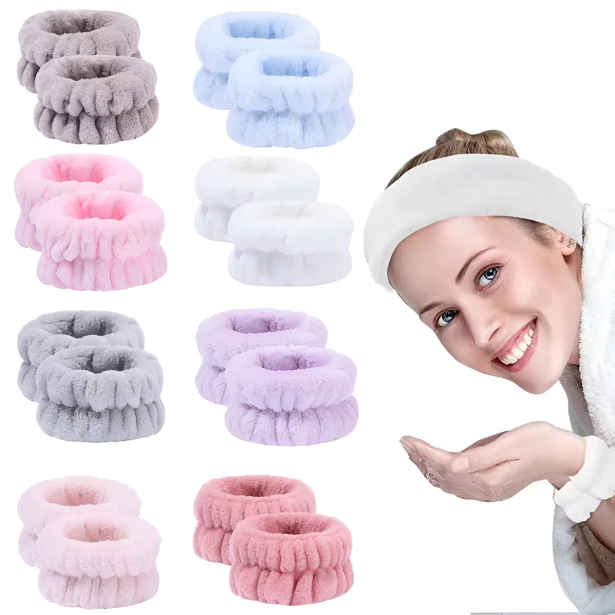Coral velvet wrist washbands in white, pink, light blue, grey, and lavender for face washing and beauty routines.