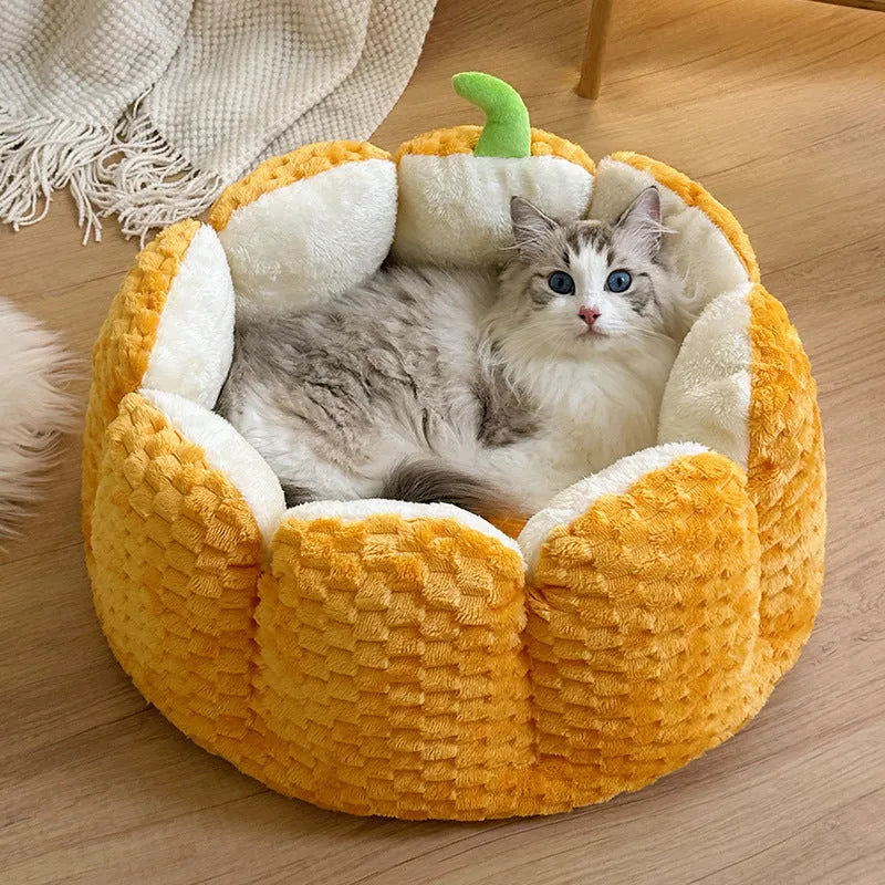 Orange pumpkin-shaped pet nest mat for cats with soft cotton filling in two sizes