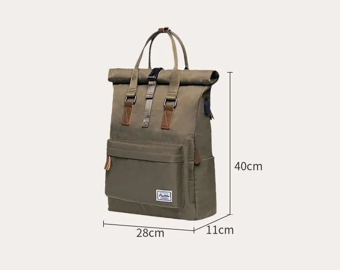 Casual polyester backpack with cover opening showing interior computer compartment and zipper pocket