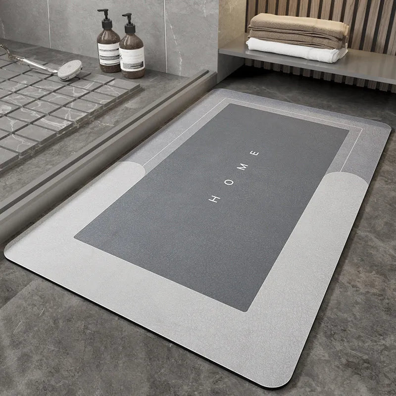 Blended material bathroom floor mat in oval and rectangle shapes on a tiled floor.