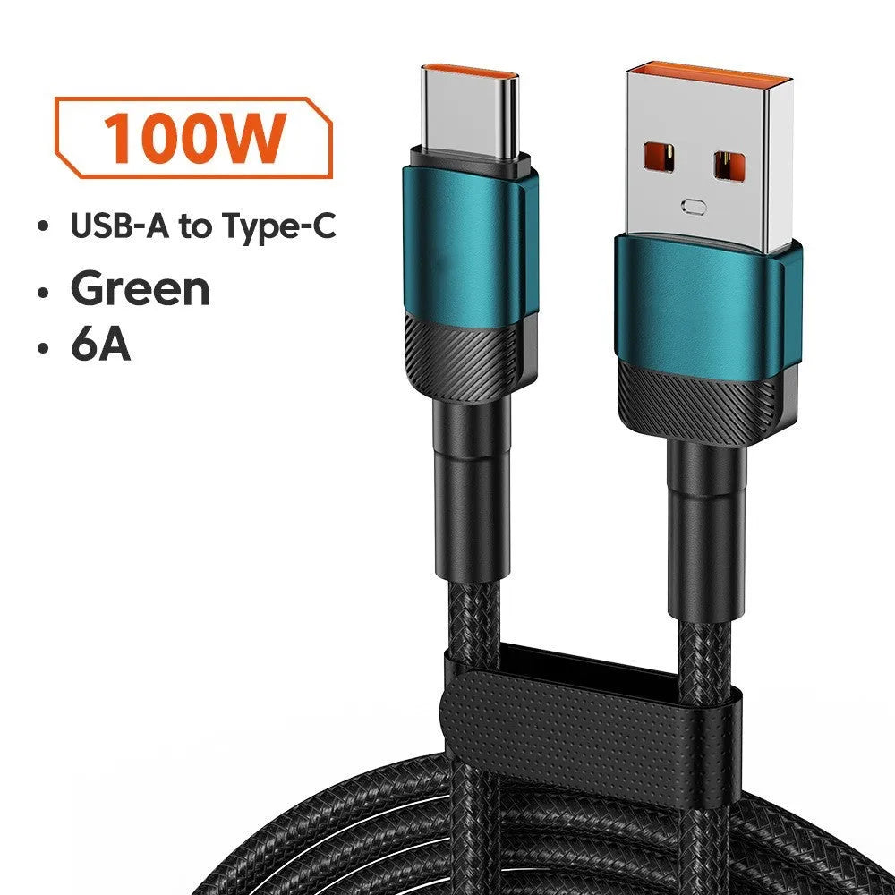Aluminium alloy USB C fast charge cable with woven braiding in blue colour showing connector detail