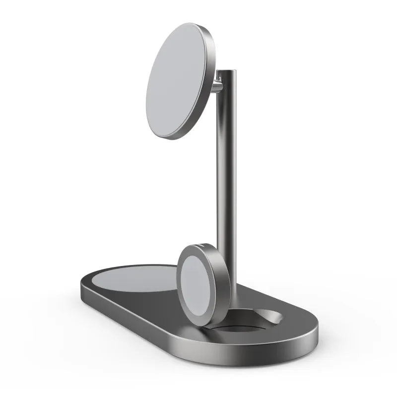 Three-in-one magnetic wireless charger with aluminium alloy body in gray finish, charging a smartphone and watch