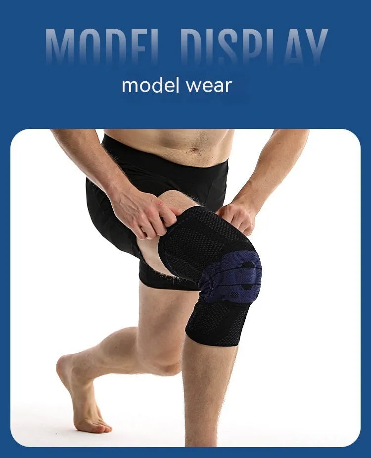 Adult sports kneecap or knee pad in black and blue colour, made from nylon spandex, shown on a knee.