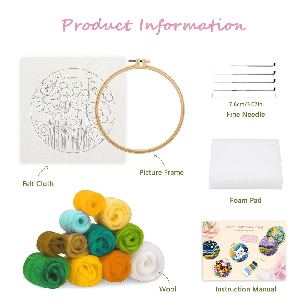 Round fabric embroidery decoration kit with linen material, wool felt, and free frame for three-dimensional blanket painting