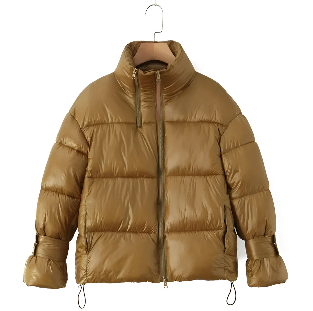 Women's gold puffer coat with stand-up collar, double zipper, long sleeves and straight fit, sizes S to L