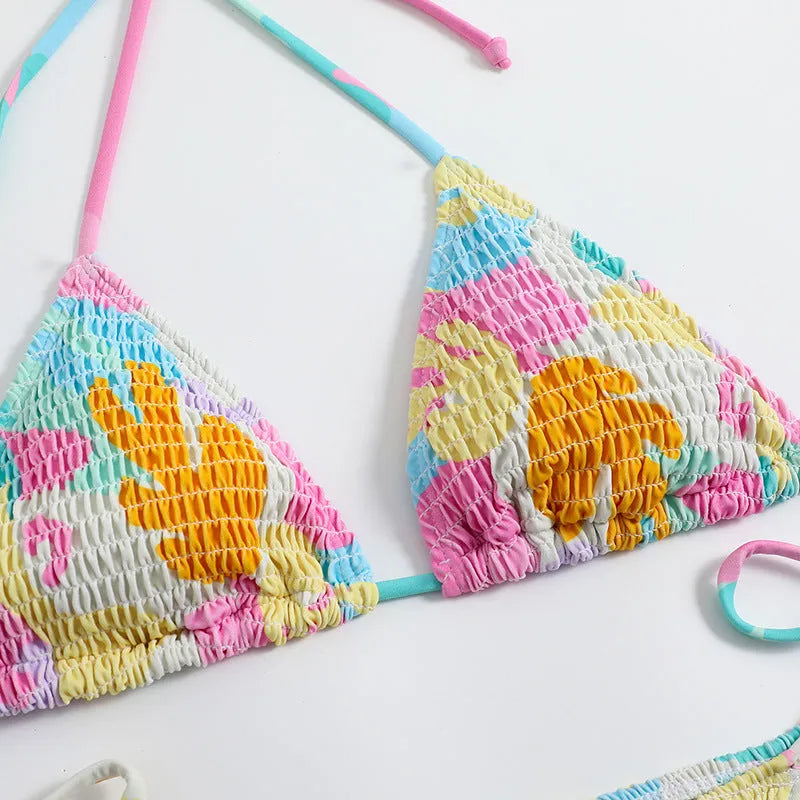 Women's multicolour floral printed triangle bikini with smocking detail and brief bottoms