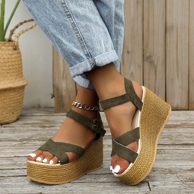 Women's wedge sandals with hemp heels, non-slip cross-strap, and hollow-out lamb pulp upper in army green