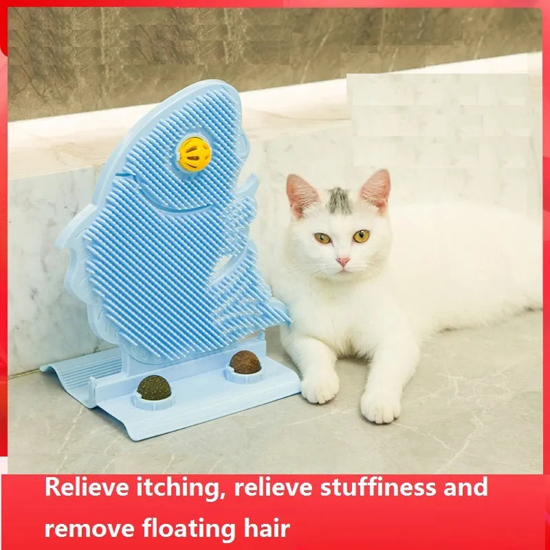 Blue, grey, or pink plastic fish-shaped cat wall scratcher toy set with catnip balls and a bell.
