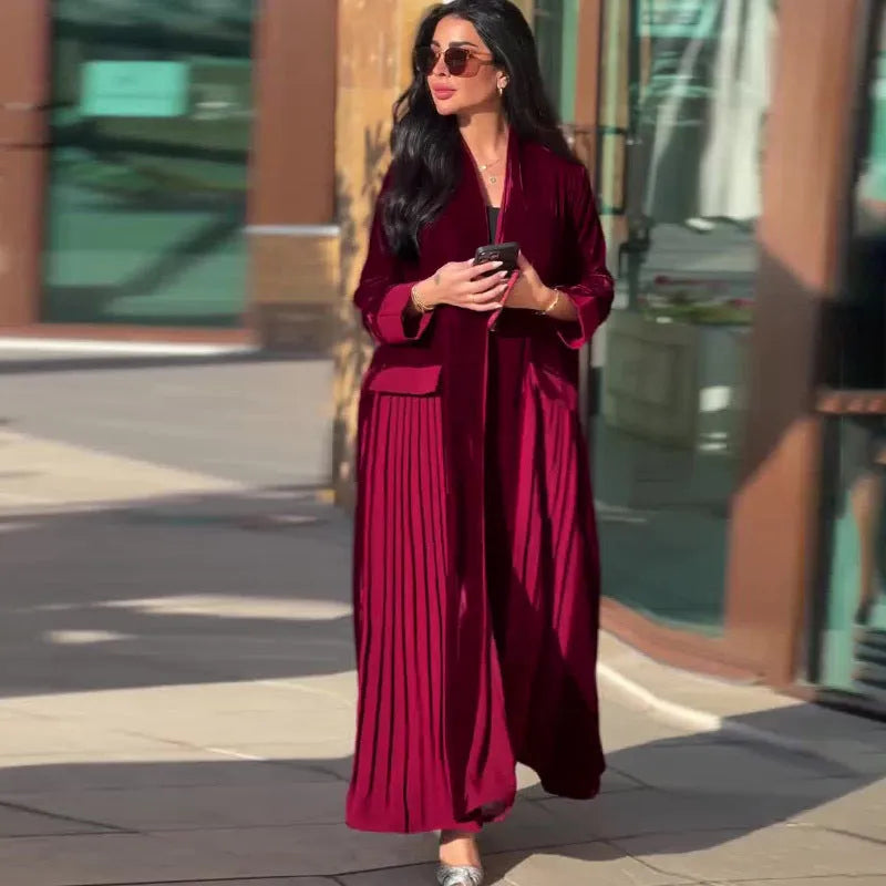 Women's pleated stitching coat in wine red, long sleeves, polyester fabric, street hipster style, front view.