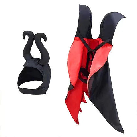 Red Halloween devil cloak and matching pointed hat for a small dog on a white background.