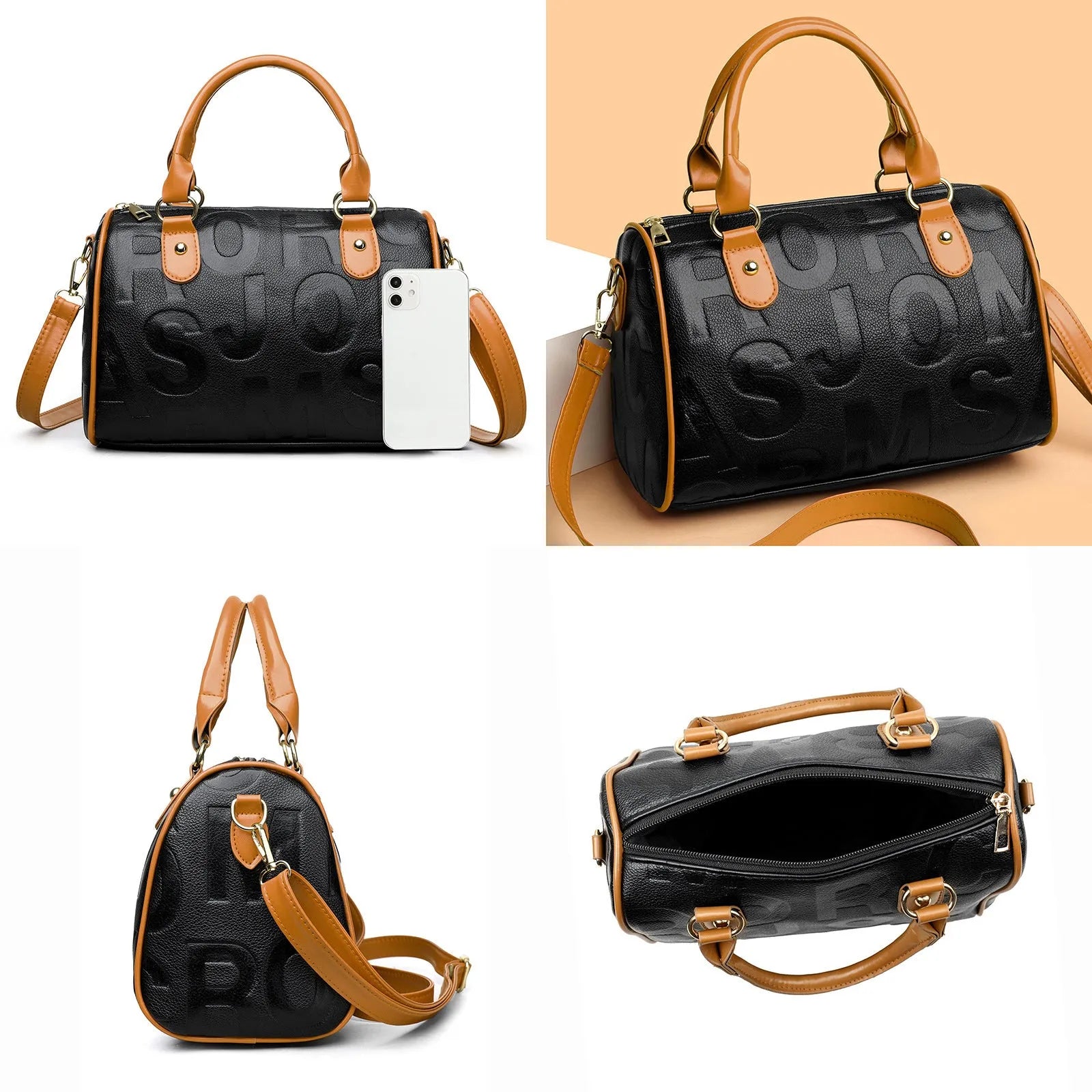Brown cylindrical crossbody bag with three shoulder straps showing textured PU material