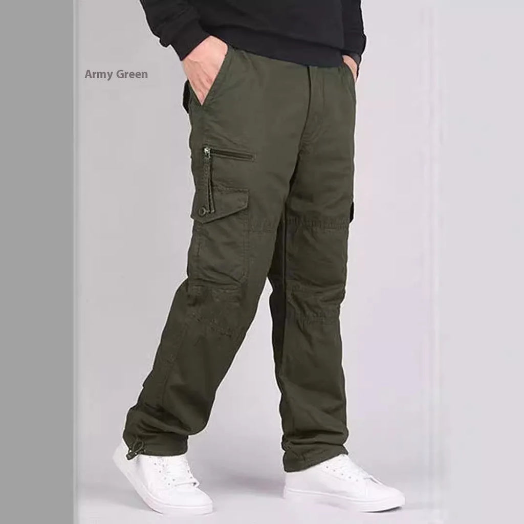 Men's loose fit spring autumn outdoor overalls in khaki cotton blend with zip placket fly