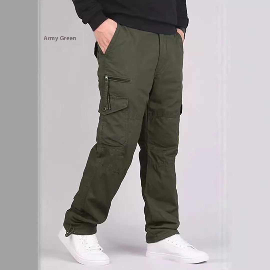 Men's loose fit spring autumn outdoor overalls in khaki cotton blend with zip placket fly