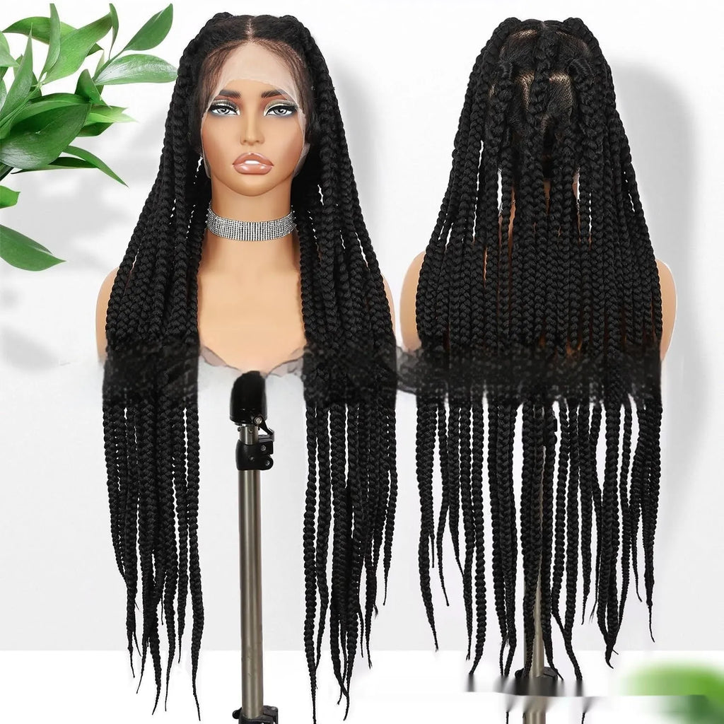 Hand-woven full lace synthetic fibre three-strand braid wig cap in natural black 1B, 36 inches long