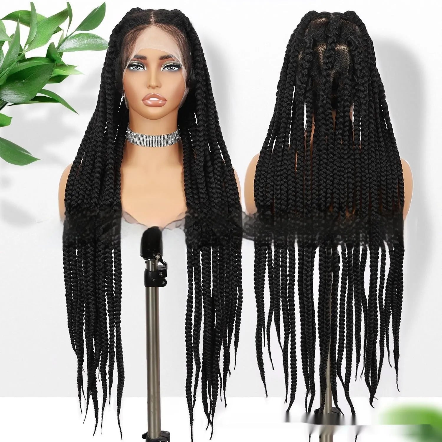 Hand-woven full lace synthetic fibre three-strand braid wig cap in natural black 1B, 36 inches long